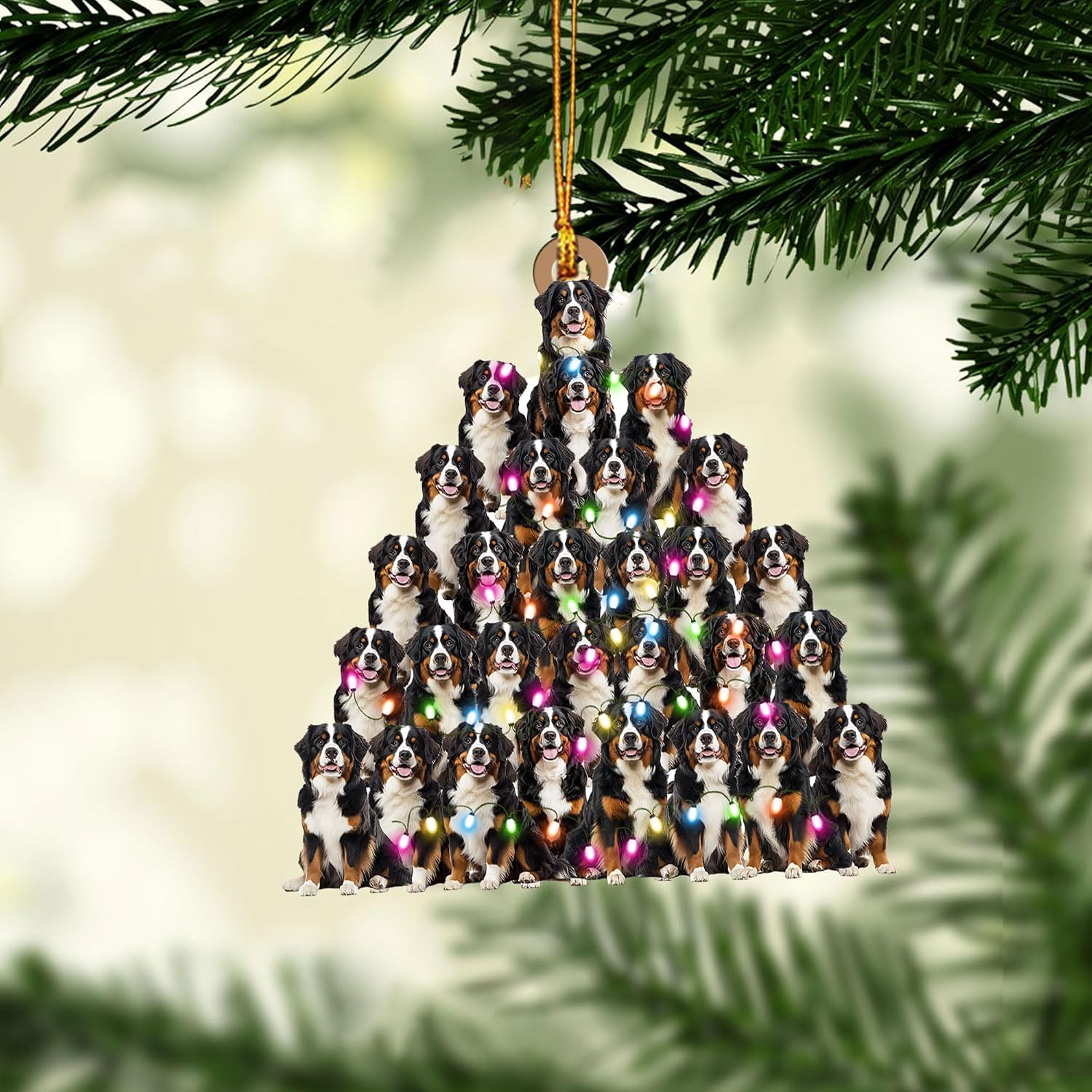 Talataca Bernese Mountain 2D Flat Christmas Ornament, Christmas Pine Tree Shape with String Light Pine Tree Decor, Hanging House Charm Eve Keepsake, Car Rear View Mirror Accessories, Xmas Gift