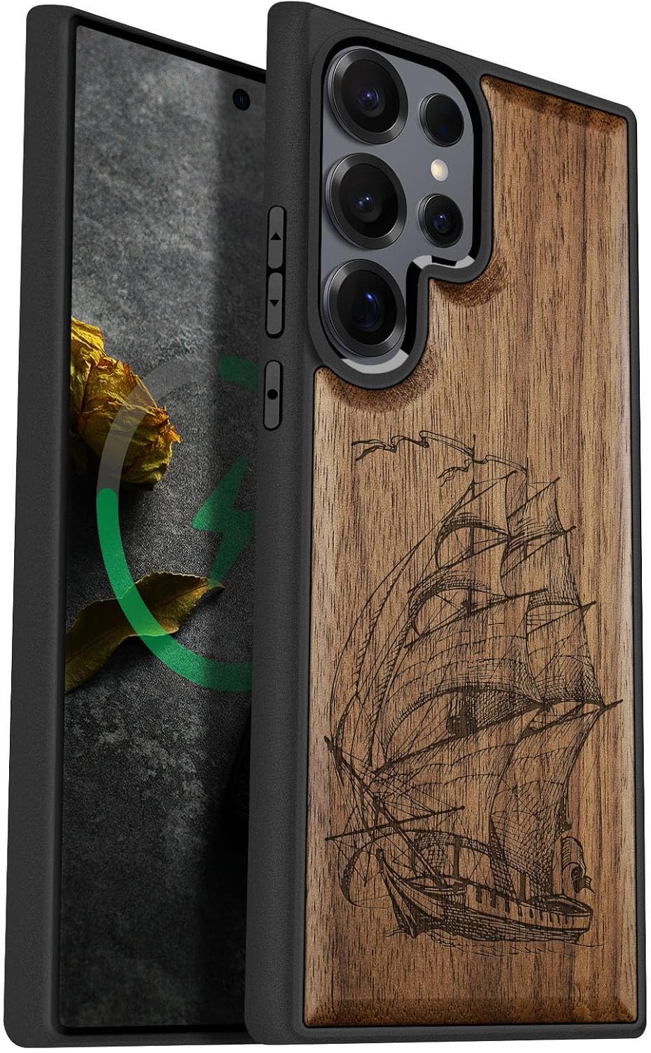 Carveit Magnetic Wooden Case for Samsung Galaxy S25 Ultra Case 2025, TPU Shockproof Cover & Wood Artisan Engraved, Compatible with MagSafe Wireless Chargers (Pirate Ship) Walnut