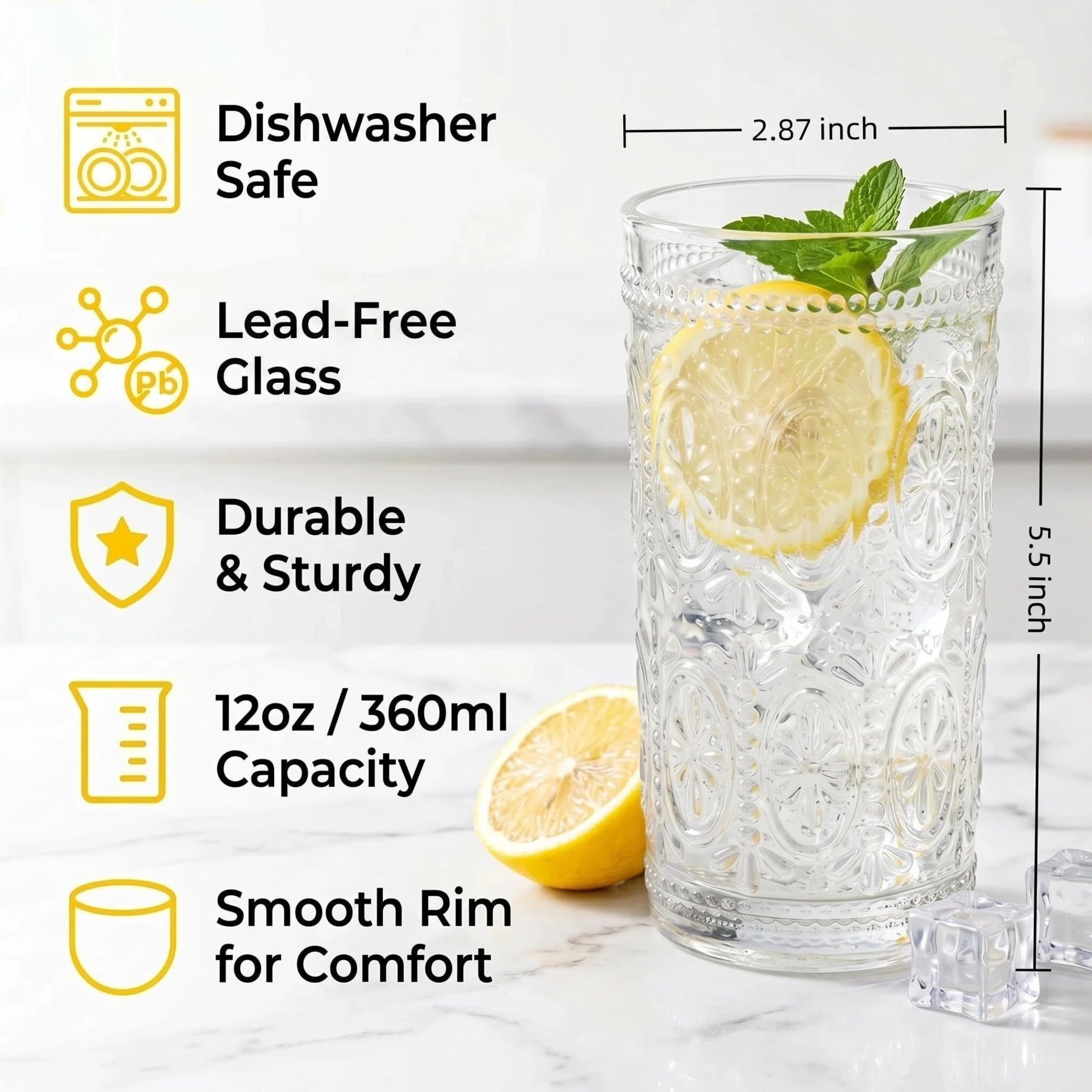 Bekith Juego de 6 vasos de agua románticos de 12 onzas, vasos de alta calidad para bebidas, cerveza, refrescos, juego de cristalería vintage para cenas, bares, restaurantes