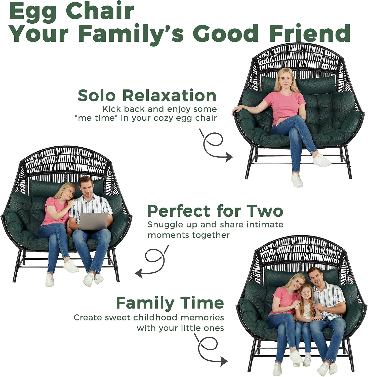 IRONCK Egg Chair Outdoor, Double Wicker Egg Lounge Chair, Upgraded Feet, Handrest and Padded Cushion, 700Lbs, Oversized Loveseat for Backyard, Patio, Living Room, Dark Green