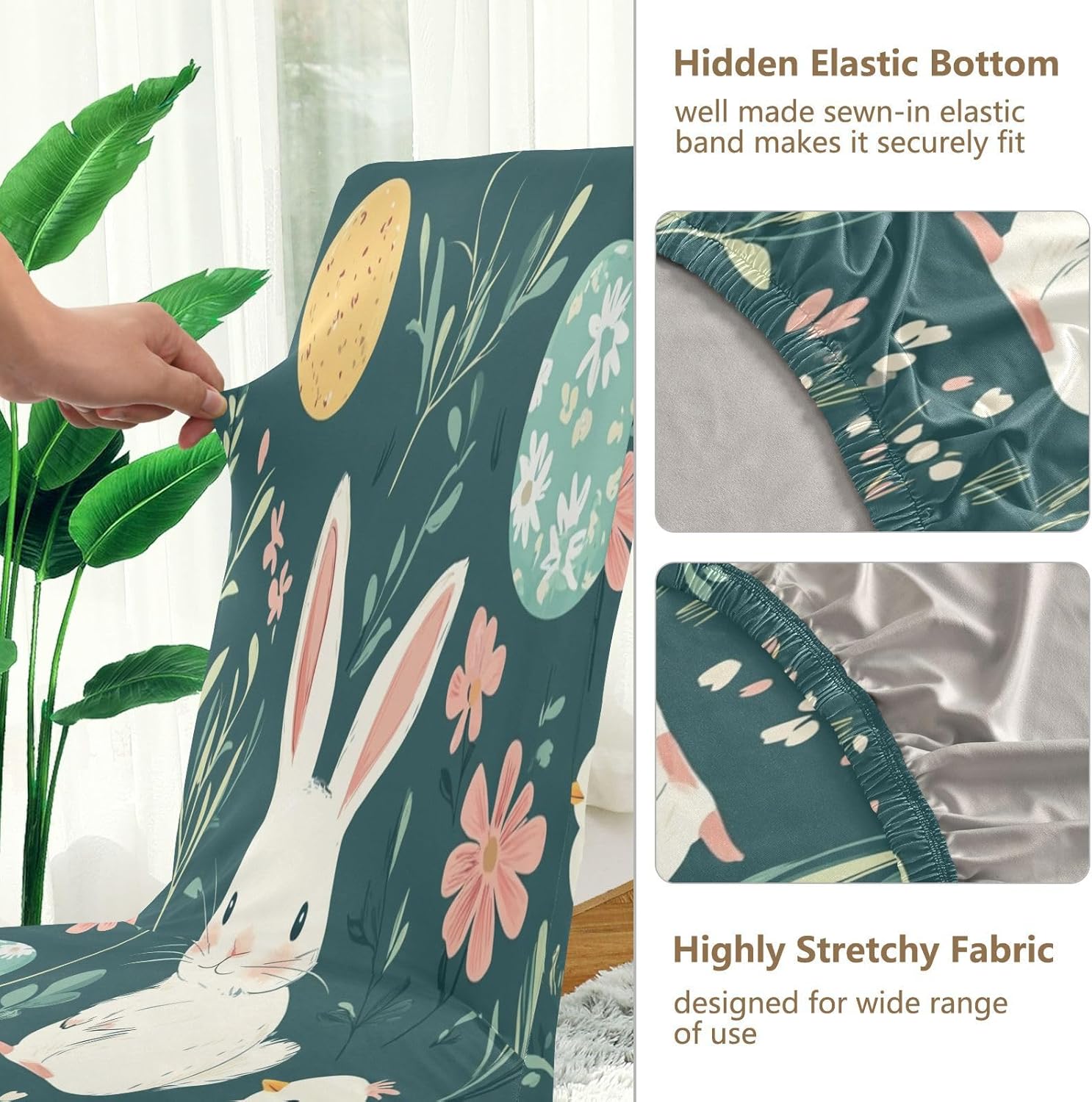 ALAZA Chair Covers for Dining Room, Rabbit Easter Egg Chick Flower Leaf Branch Stretch Chair Cover Sets Chair Protector Removable Washable for Ktichen Restaurant Hotel