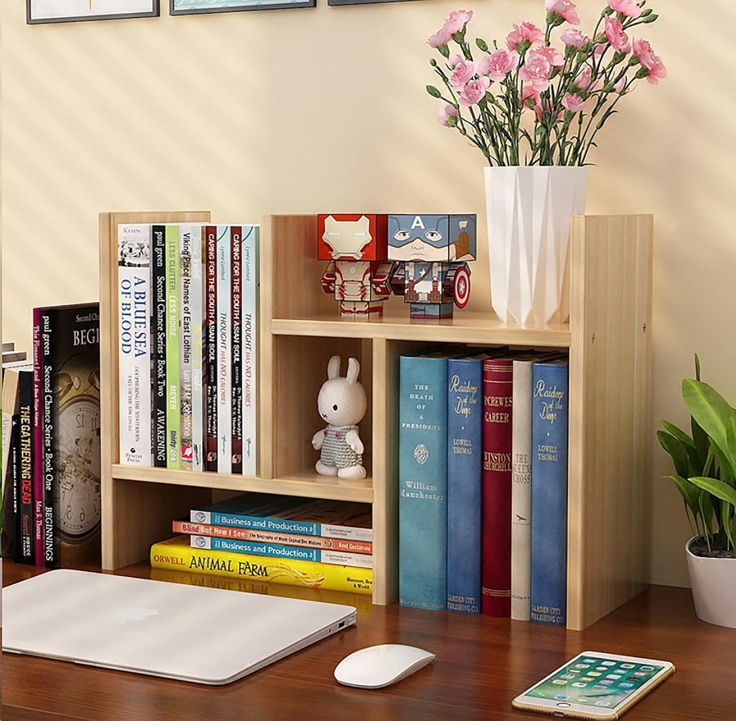 tiktecklab Office Desktop Bookshelf Adjustable Wood Display Shelf Desktop Organizer Office Storage Rack Countertop Bookcase Office Supplies Desk Organizer Accessories (Natural)
