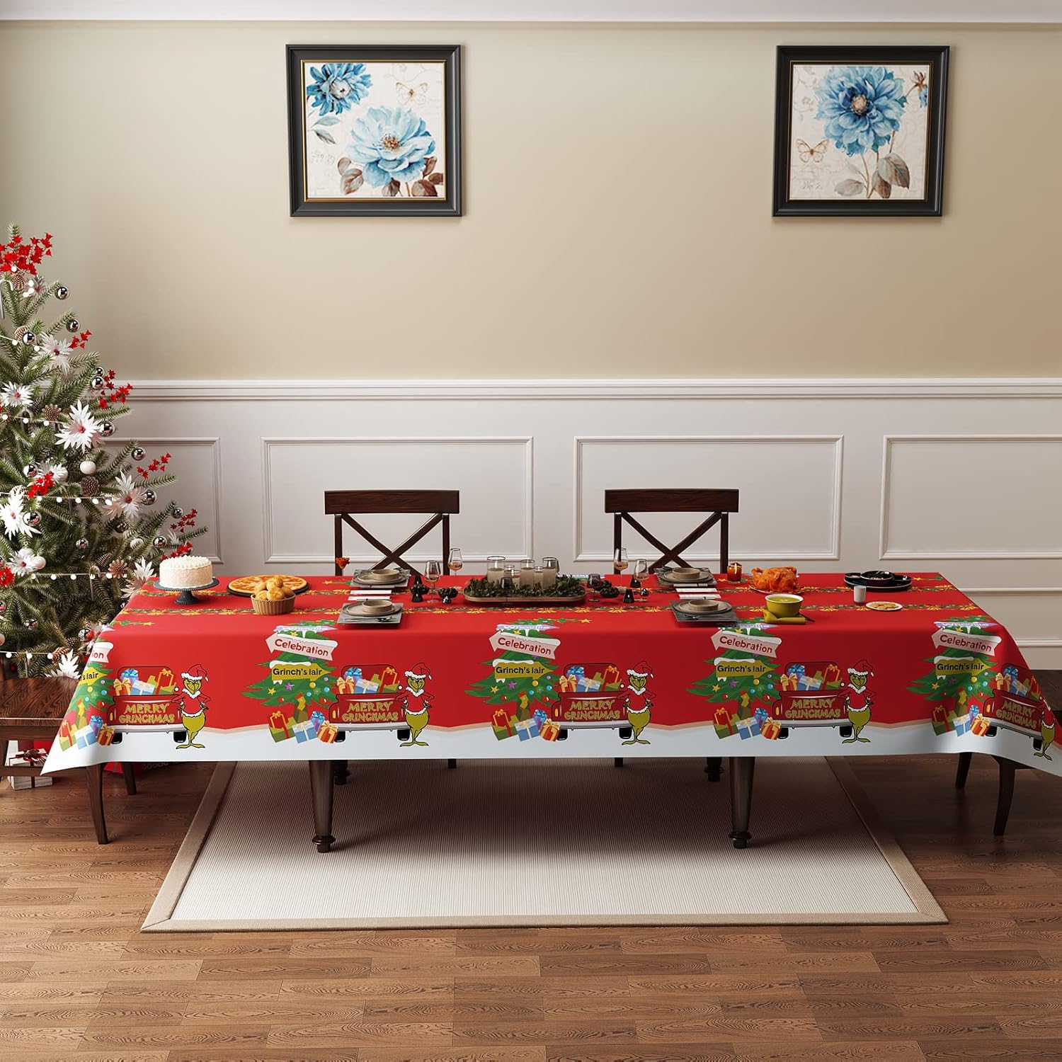 Christmas Tablecloths, Large Rectangular Disposable Tablecloth 52 by 110inch Premium Table Green and Red Plastic Tablecloth for Christmas Decoration