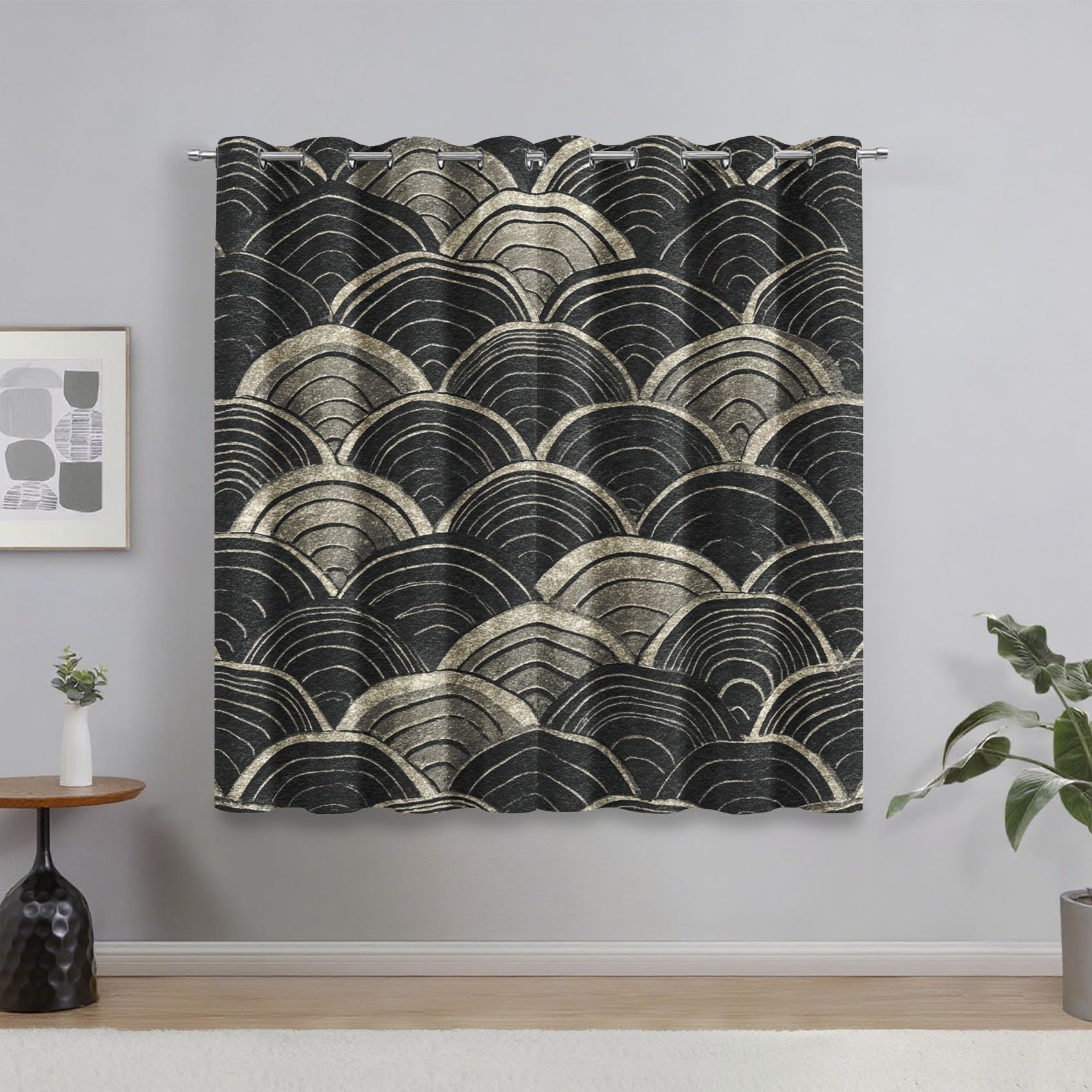 Japanese Blackout Curtains for Living Room, Fish Scale Japanese Wave Curtains Bedroom Home Decor, Thermal Eyelet Window Drapes, 2 Panels 108 Drop, 90x108 (W x L) Q-D13