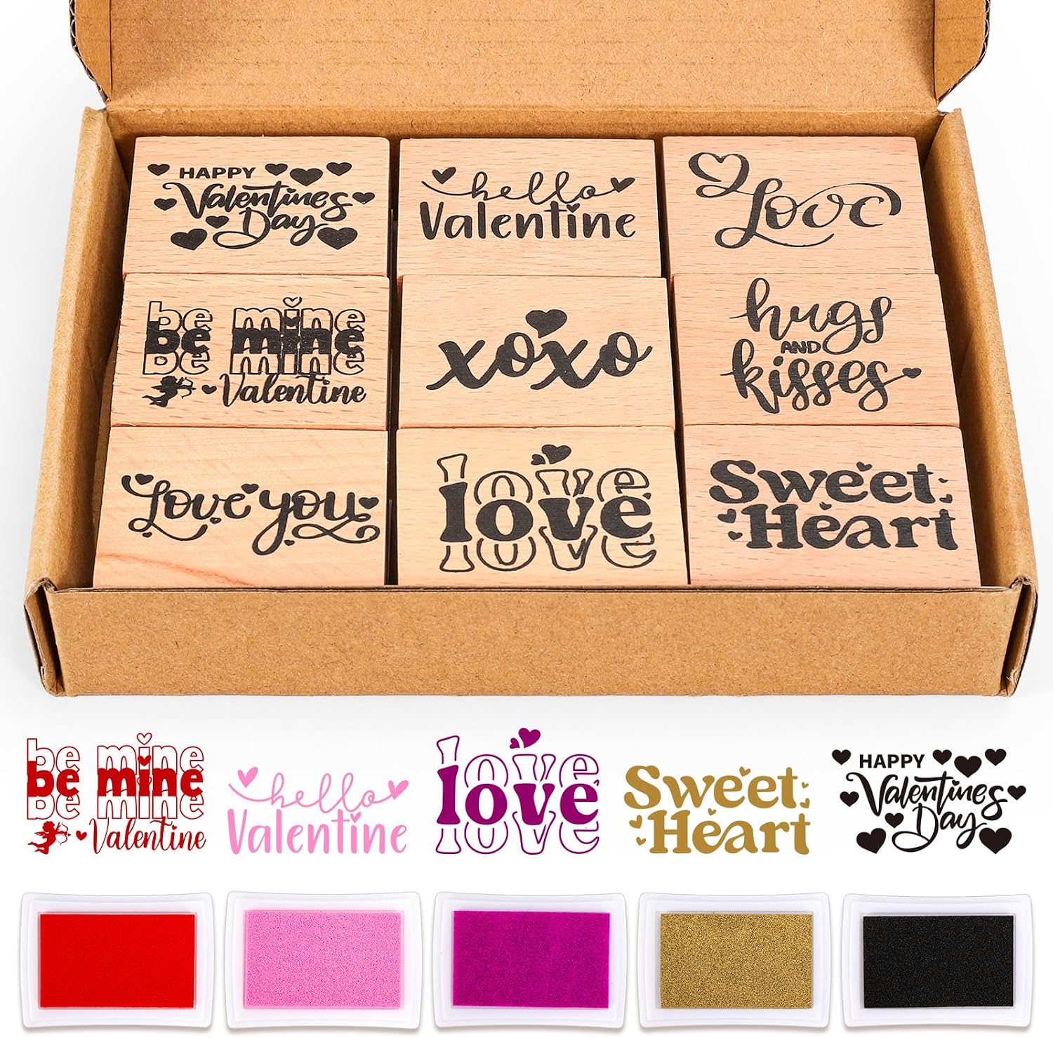 JarThenaAMCS 9 Pcs Happy Valentine's Day Wooden Rubber Stamps Love Sweet Heart Letter DIY Craft Stamps for Party Decor Scrapbooking Cards Making