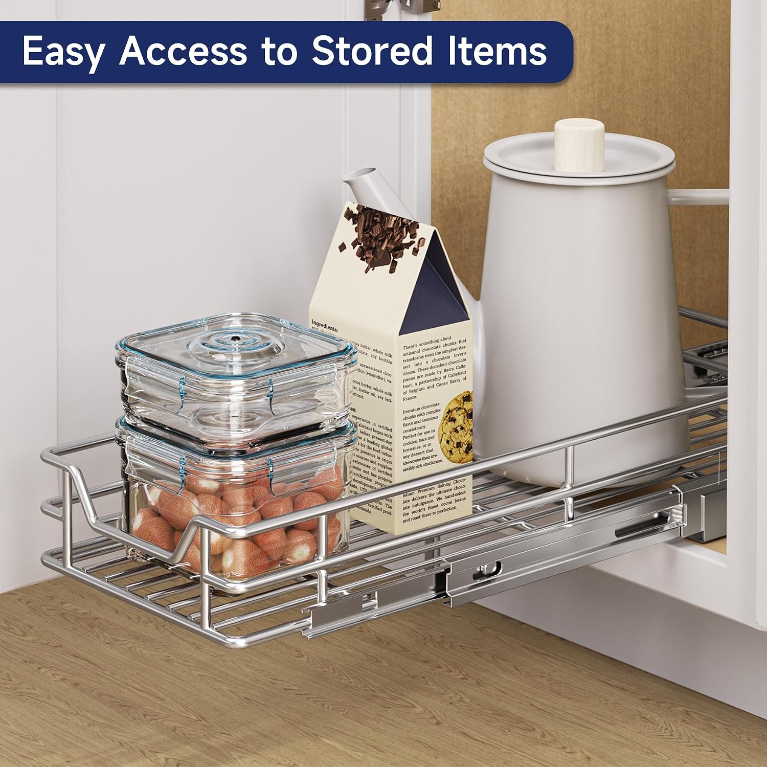 Pull Out Cabinet Organizer, 9" W x 21.5" D, Heavy Duty Chrome Slide Out Shelf for Narrow Base Cabinets, Sliding Wire Basket Drawer for Spices, Bottles, Snacks & Cleaning Supplies