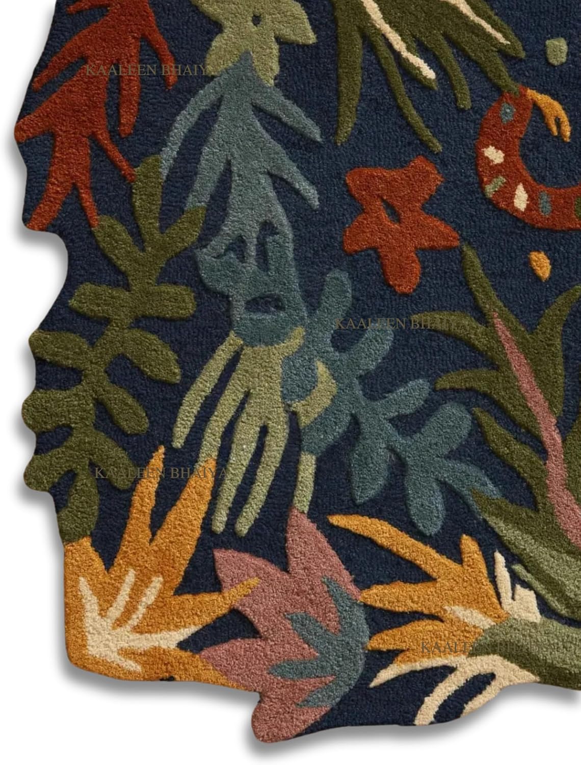 Handmade Tufted Wool Rug 5' x 7' – Midnight Blue Multicolor, 100% Wool, Exotic Jungle Theme Irregular Shape with High Pile for Living Room & Bedroom Décor