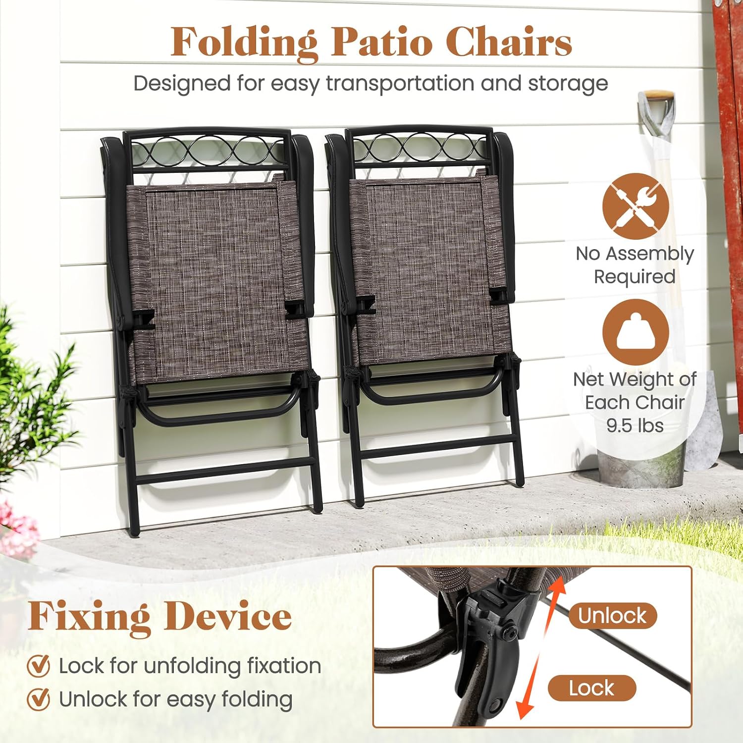 Tangkula 3 Piece Outdoor Bistro Set, Patio Round Bistro Table and Folding Chairs Set of 2 with 1.57” Umbrella Hole, Rippled Tempered Glass Tabletop, Small Patio Furniture Dining Set for Porch, Balcony