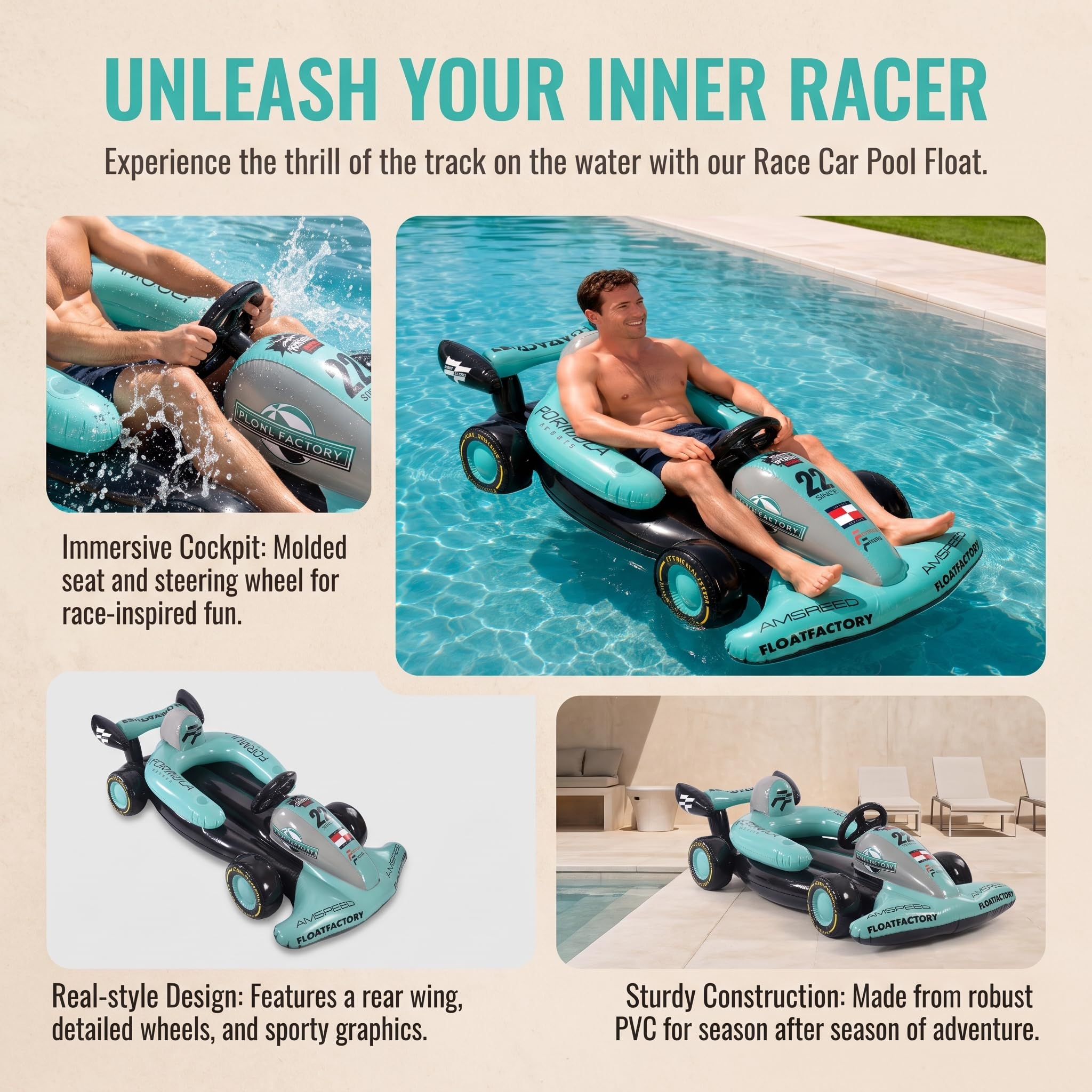 Formel-Rennwagen-Design-Rennauto aufblasbar aufblasbares Rennauto Lenkrad Go-Kart Schwimmring