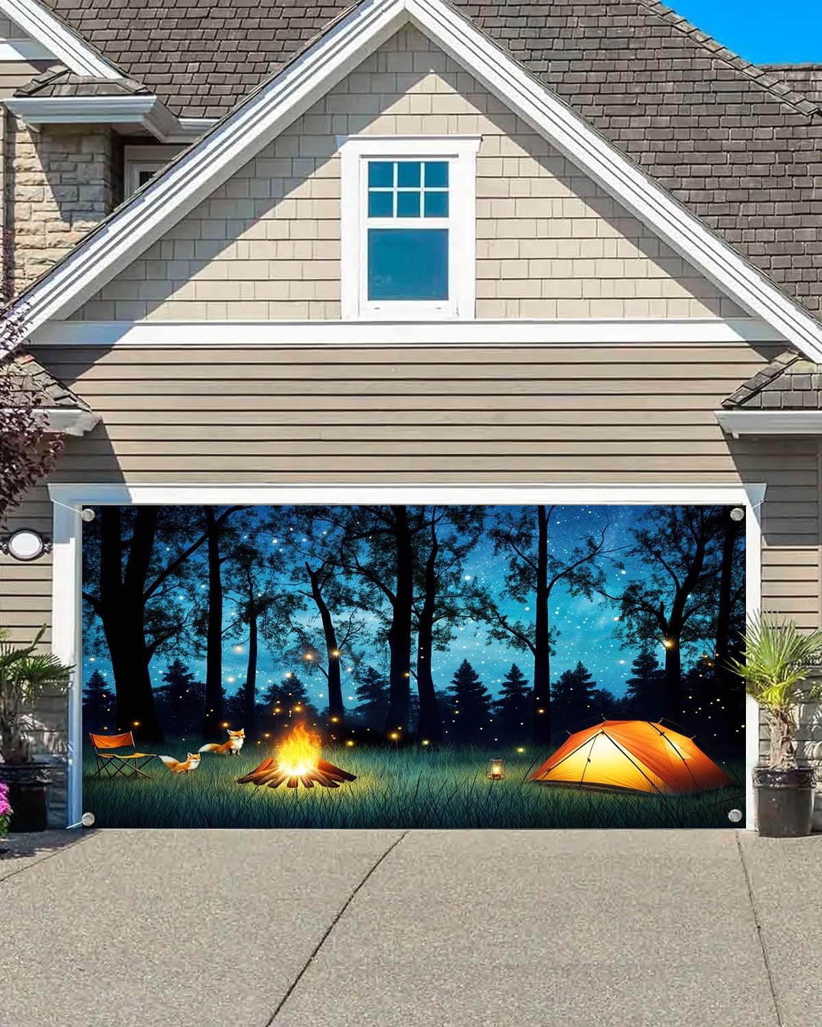 16X7FT Camping Forest Scene Garage Door Decorations Adventure Camper RV Kids Door Cover Garage Door Campfire Tent Children Adult Birthday Party Banner Decorations Photo Background Photography Backdrop