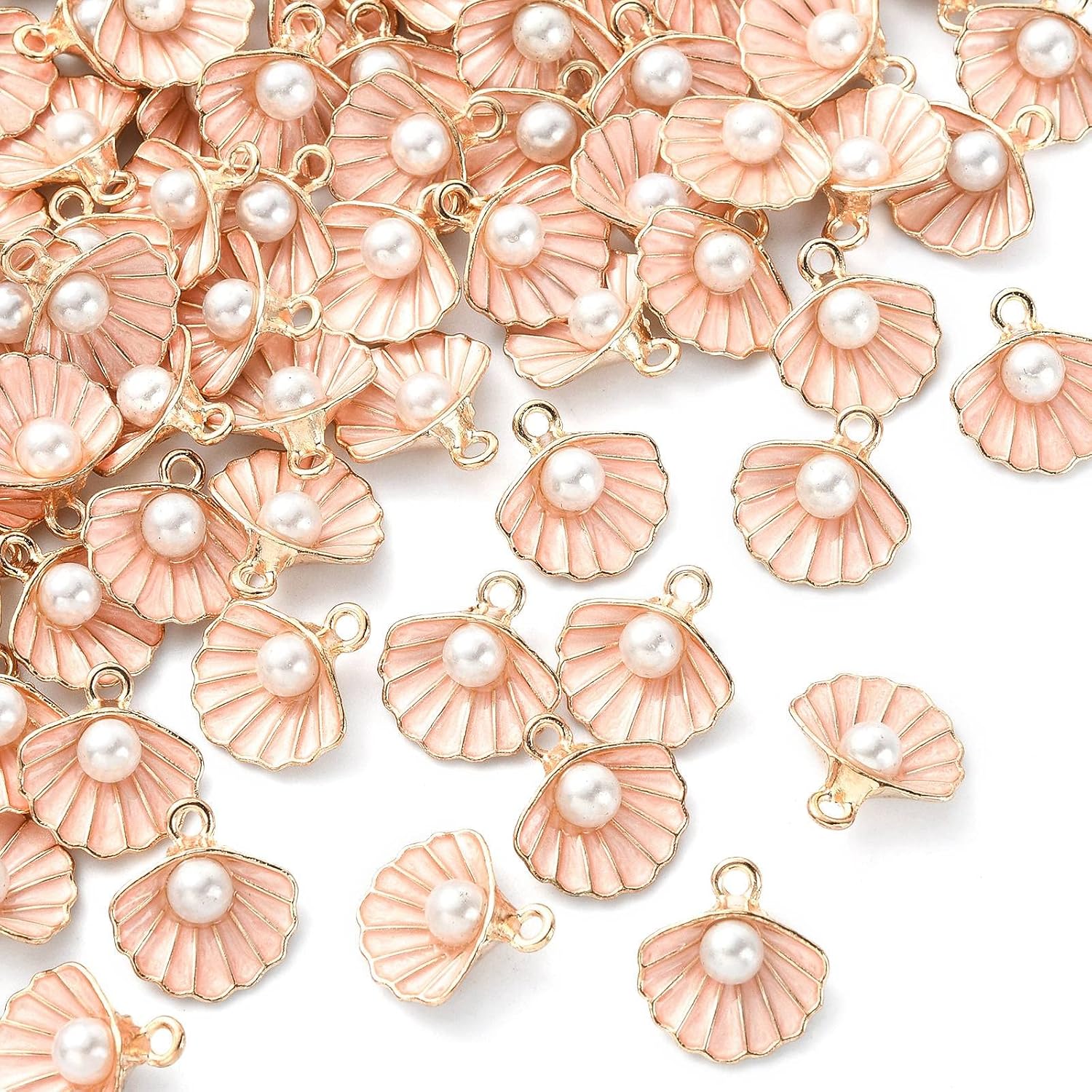 LiQunSweet 100 Pcs Golden Pink Shell Charm Enamelled Mini Ocean Theme Pendants with Faux Pearl Bulk for Girls Women Earrings Bracelet Jewelry Making