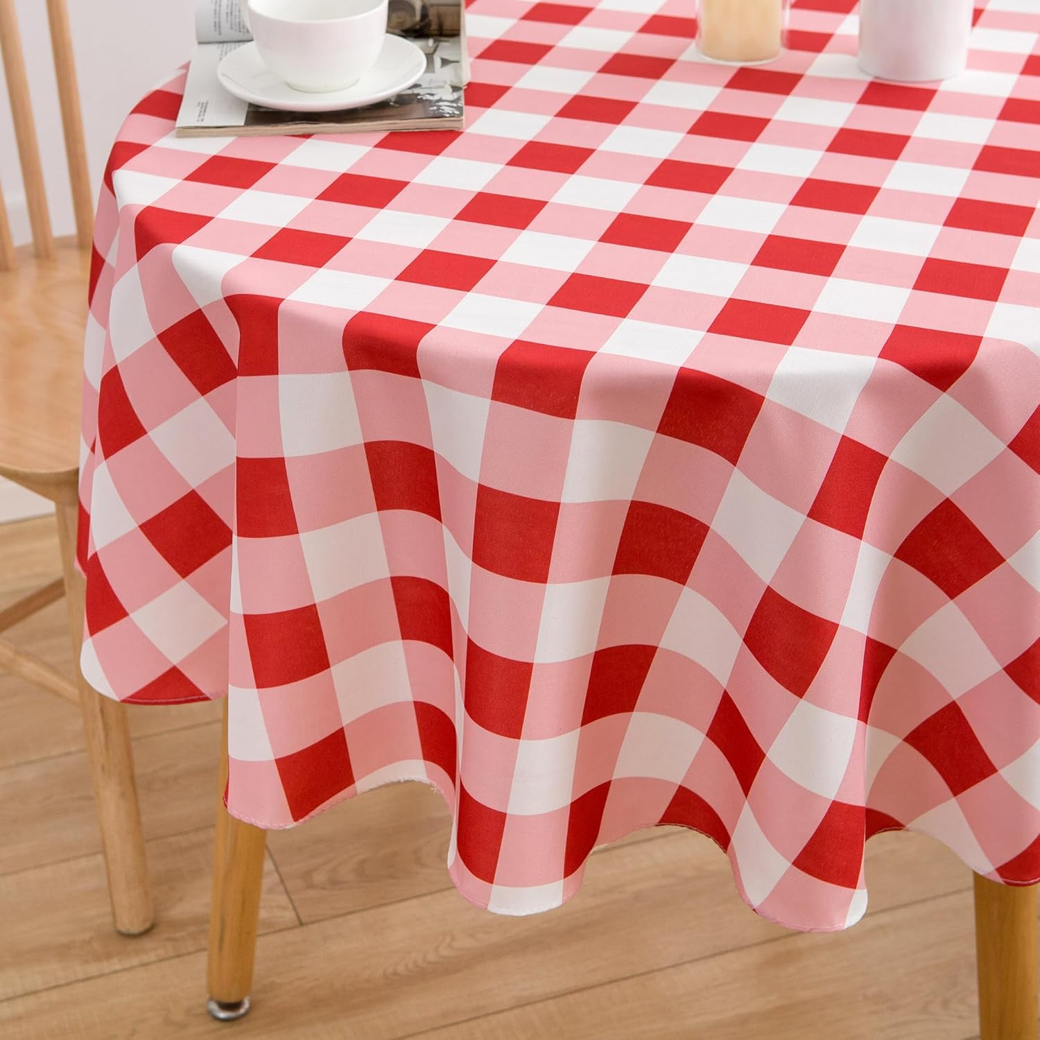 Round Red and White Checkered Tablecloth 70 Inch Spring Gingham Table Cloth- Buffalo Plaid Polyester Table Cover for Summer Holiday Decorations Reusable Water Resistant - Image 4