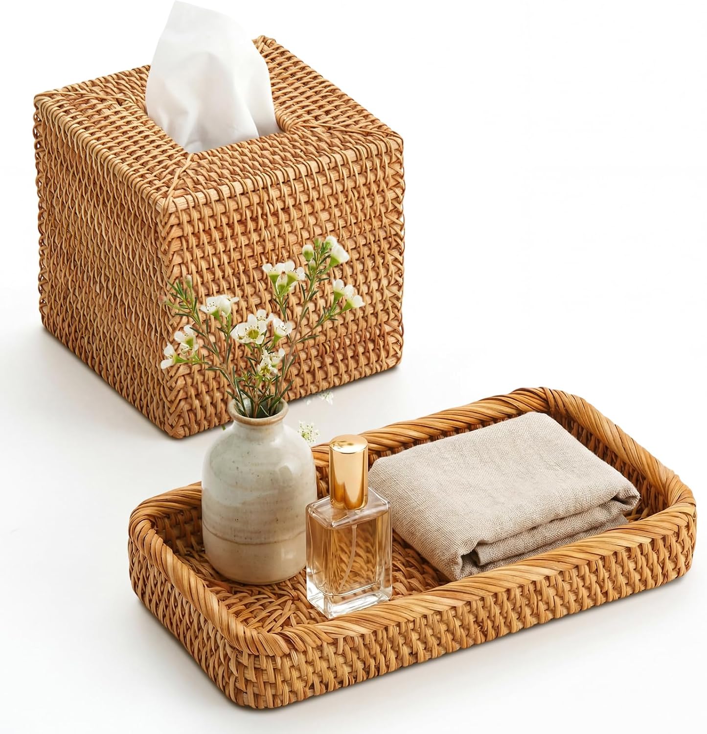 Teenyyou Rattan Tissue Box Cover and Vanity Tray Set for Home Decor, 2 Pcs Wicker Bathroom Accessories, Boho Square Tissue Holder and Countertop Tray for Toilet Tank, Vanity, Bedroom(Natural Color)