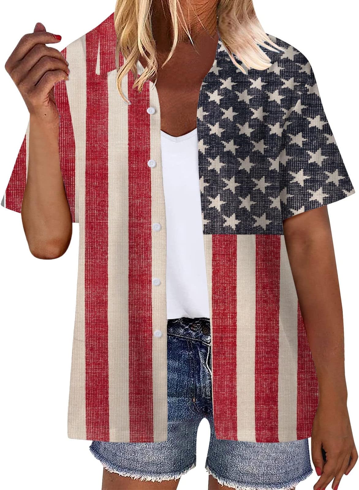 Women Summer Hawaii Shirts Casual Print 4th of July Independence Day American Flag Star Short Sleeve Button T Shirt