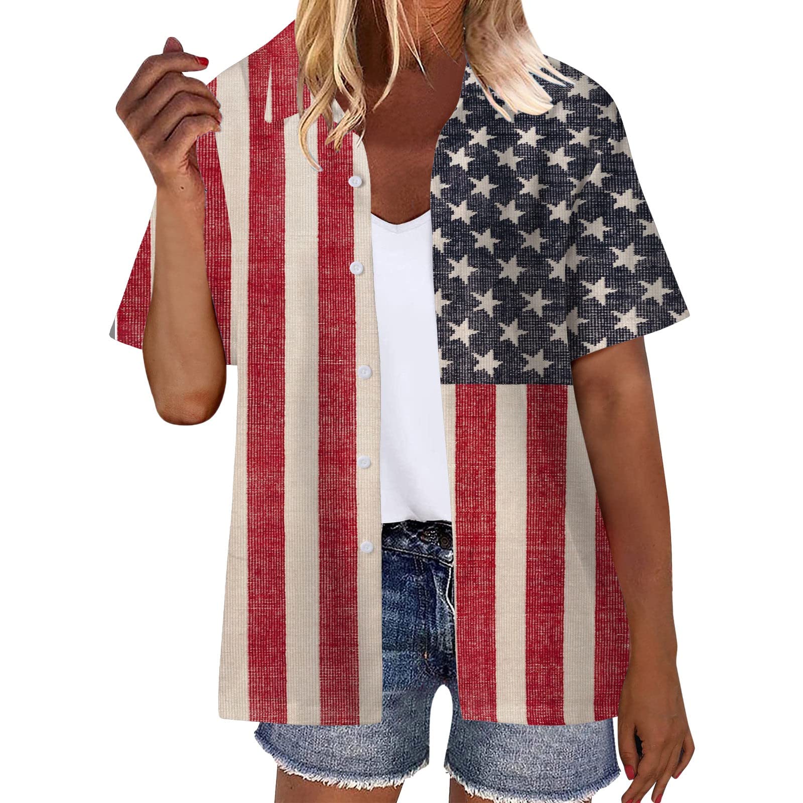 Women Summer Hawaii Shirts Casual Print 4th of July Independence Day American Flag Star Short Sleeve Button T Shirt