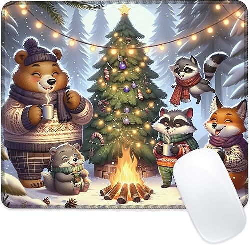 Identiy Christmas Small Mouse Pad, Bonfire and Winter Forest Animals Gaming Desk Mat for Keyboard and Mouse, Non-Slip Rubber Base Stitched Edges Desk Pad for Computer Laptop Home Office 9.4"x7.9"