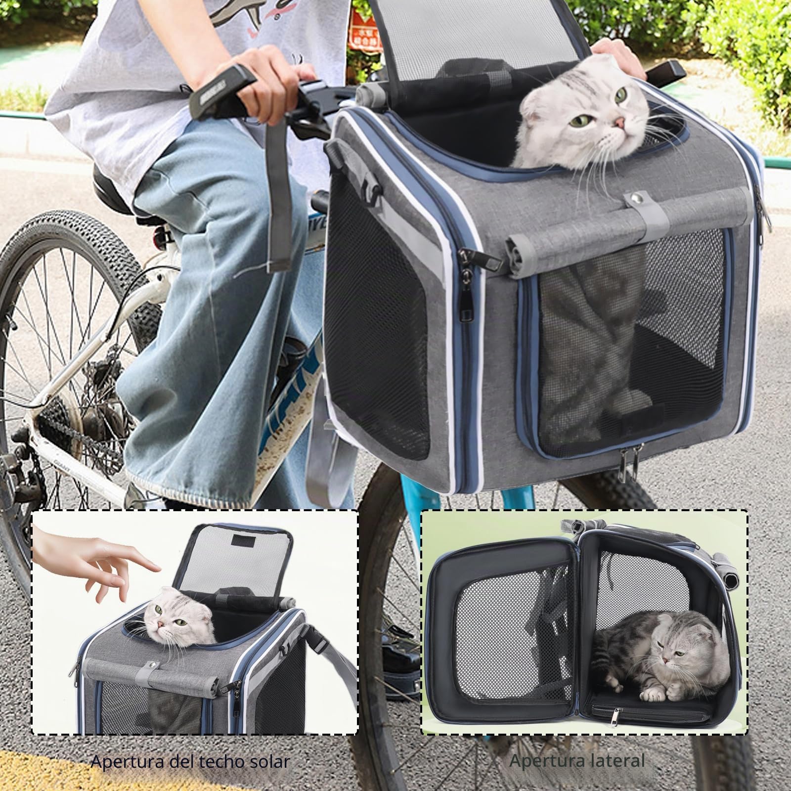Cesta de Bicicleta para Perro, Canasta de Bicicleta Plegable con Ventanas de Malla Mochila para Mascotas para Perros y Gatos hasta 10KG
