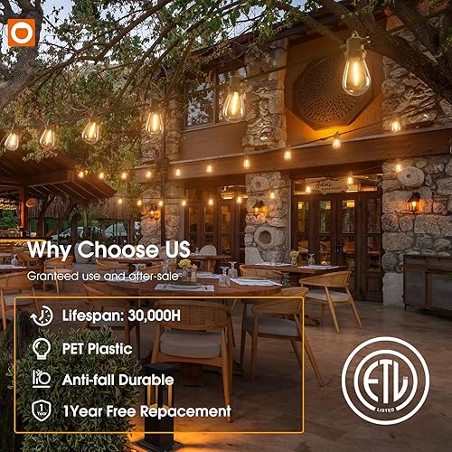 Vista 3 de addlon Guirnalda de luces LED impermeables de 100 pies para exteriores, con 54 bombillas Edison regulables, inastillables, para exteriores