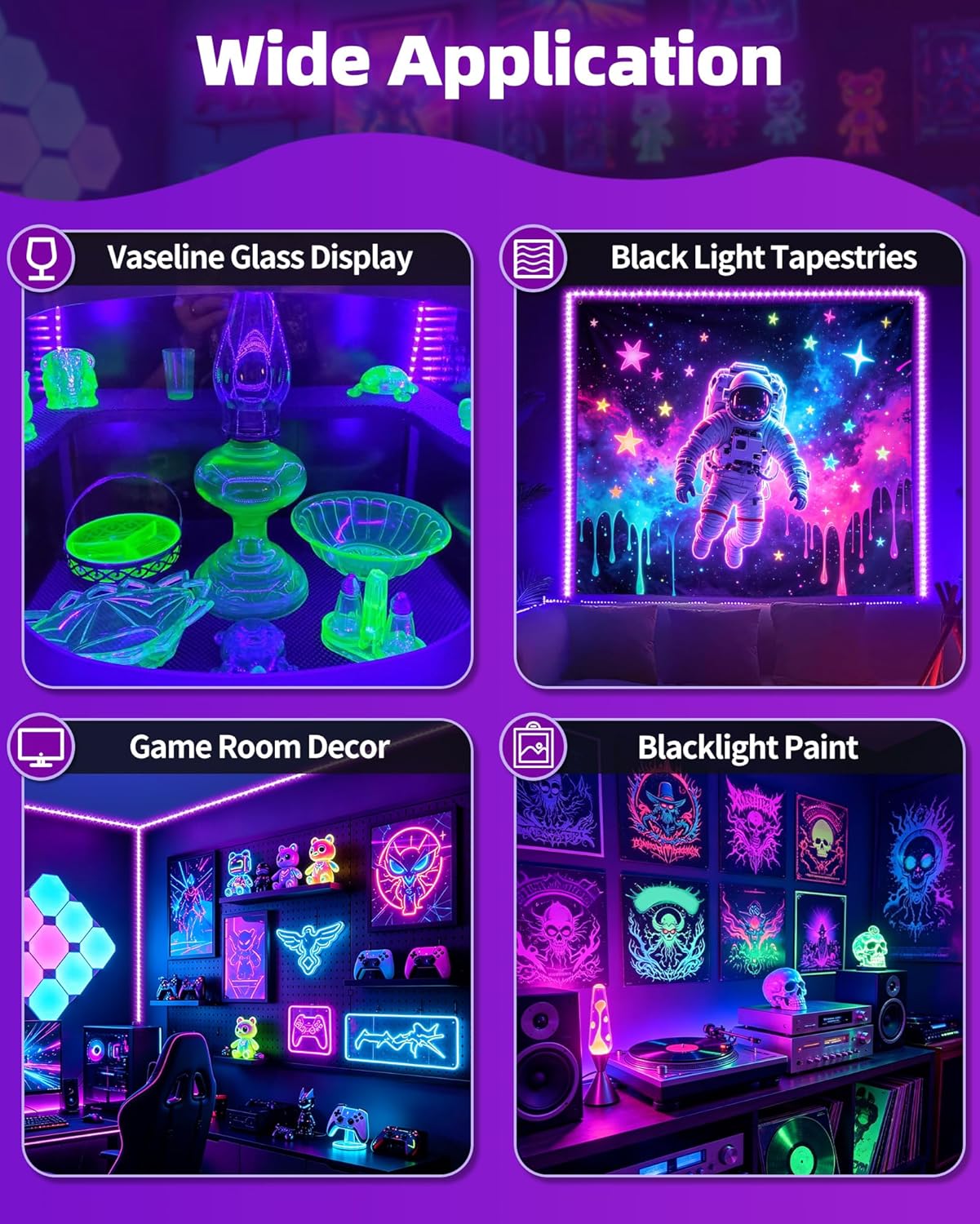 THECHAM 16.4ft Black Lights Strip Battery Operated, USB Blacklight Strip for Glow Party, 385-400nm Black Lights for Bedroom Indoor Halloween Birthday Decor Uranium Glass Tapestry Poster