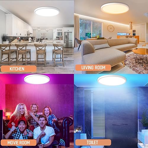 Miniatura 7 de MELEGAN 2 luces de techo inteligentes RGB, techo LED súper delgado, montaje empotrado, WiFi compatible con Alexa Google Home, 12 pulgadas, 24 W,