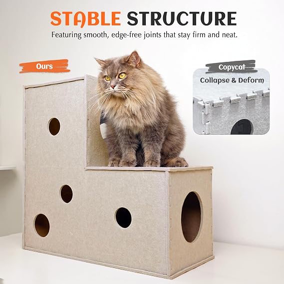 PETKARAY Cat Tunnel, Original Cat Hideaway Cave for Indoor Cats, Large Kitten Play Tubes and Tunnels, Soft Felt Cat Toy with Interactive Peek Hole, Beige L Shape