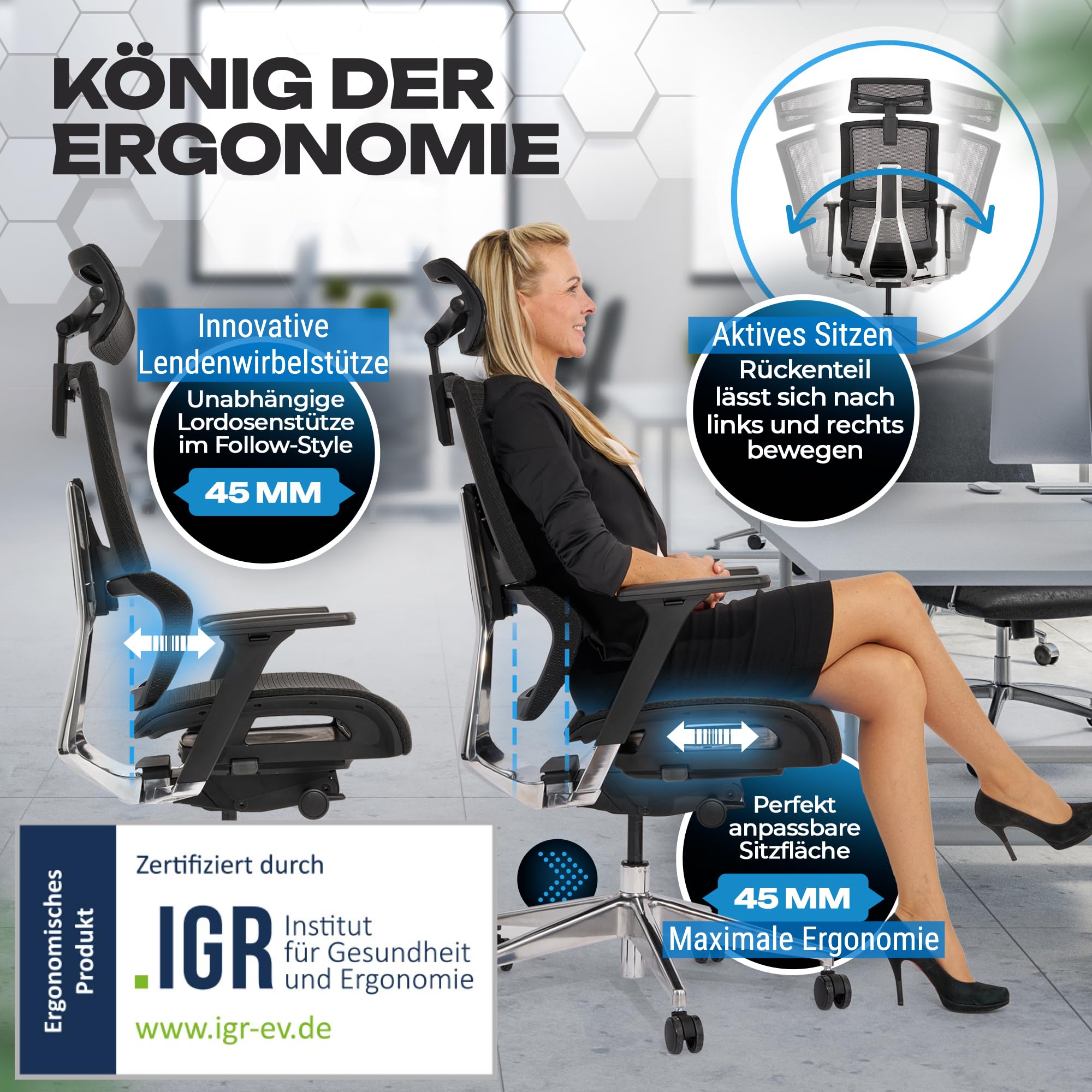 VALKENSTOL M7 Premium Bürostuhl Ergonomisch mit adaptiver Lordosenstütze | Rückenfreundliche Adaptive Lordosenstütze - Kippbare Sitzfläche für Gesundes Sitzen - Home Office Chair - Aluminiumrahmen
