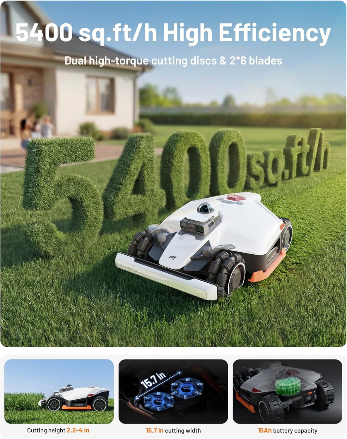 Mammotion LUBA 3 AWD 5000H Robot Lawn Mower for 1.25 Acres, 360° LiDAR+NetRTK+AI Vision Tri-Fusion Positioning, All-Wheel-Drive for 80% Slopes, 50 Multi-Zone Management, Cutting Height 2.2"-4.0"