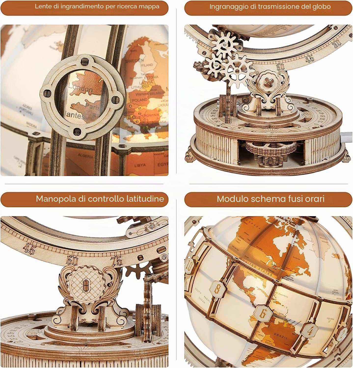 RoWood Puzzle 3D Modello in Legno per Adulti Globo Luminoso - Modellismo da Costruire - Modellini da Costruire per Adulti - Regali di Compleanno e Natale
