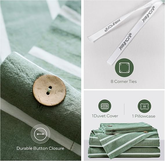 JELLYMONI Cotton Duvet Cover Twin Size - Green Striped Comforter Cover with Button 100% Washed Cotton 2PCS Breathable Soft Solid Bedding Set Duvet Cover 6890in & 1 Pillowcase (NO Comforter)