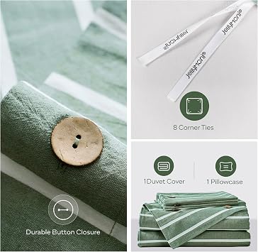JELLYMONI Cotton Duvet Cover Twin Size - Green Striped Comforter Cover with Button 100% Washed Cotton 2PCS Breathable Soft Solid Bedding Set Duvet Cover 6890in & 1 Pillowcase (NO Comforter)
