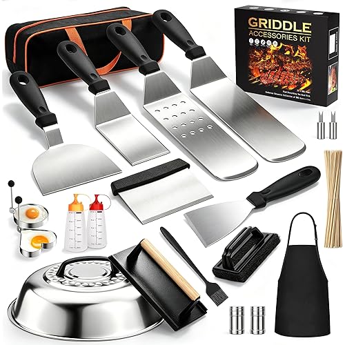120 Pcs Griddle Accessories Kit, Perfect Hibachi Flat Top Grill Tools for Blackstone and Camp Chef, Enlarged Beefed-up Grill Spatula Gift Set with Basting Cover, Burger Press for Outdoor BBQ.