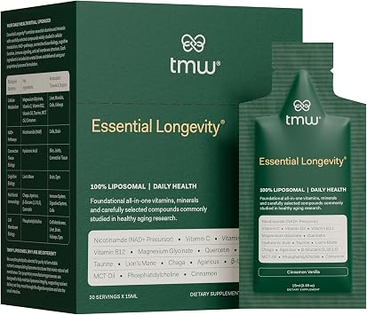 Essential Longevity 100% Liposomal 15-in-One Stack. NAD+ Precursor Nicotinamide, Quercetin, C, D3, B12, Magnesium Glycinate, Lions Mane, Chaga, Agaricus, Taurine, Sodium Hyaluronate. 30 Sachets.