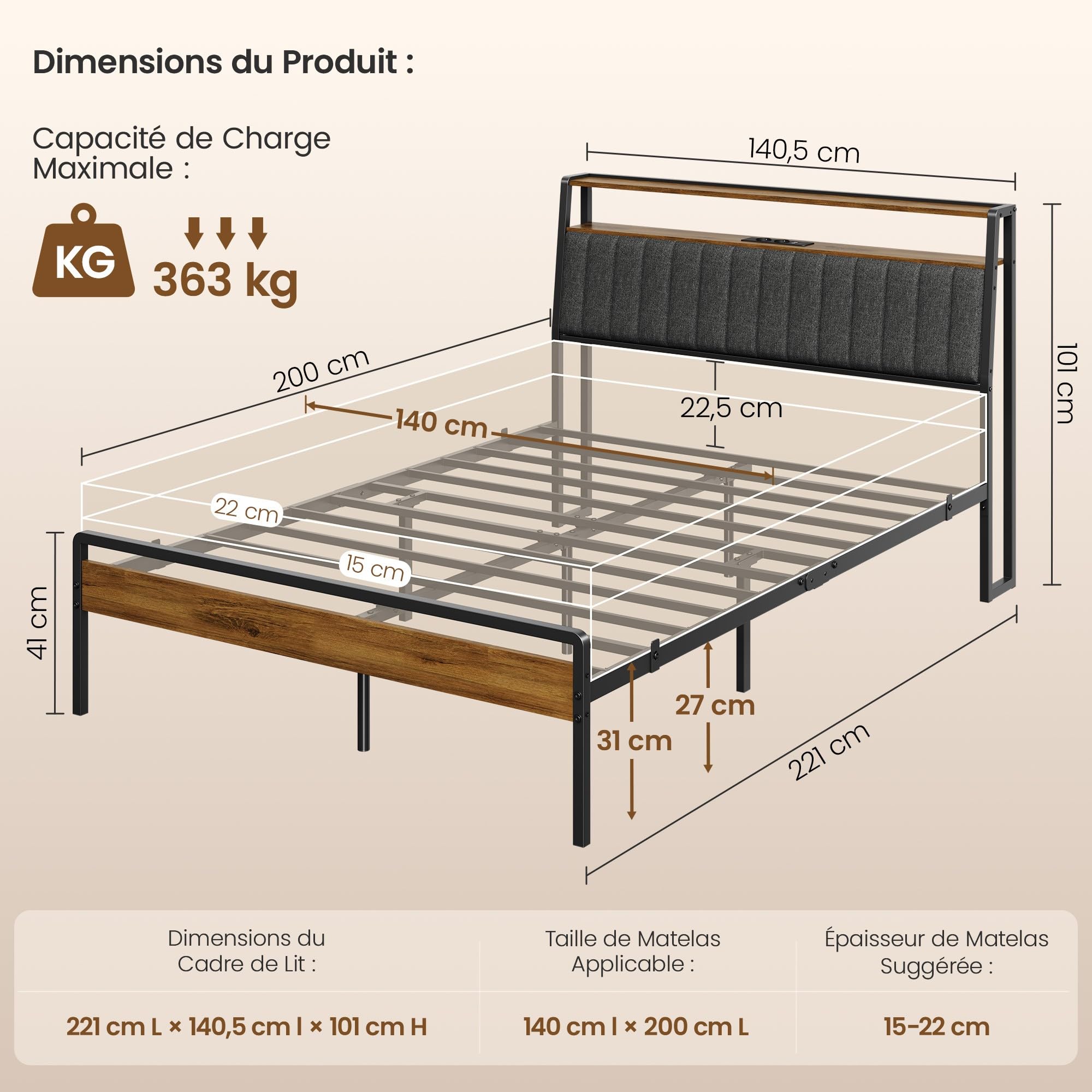 Yaheetech Cadre de Lit 140x200cm avec LED et Station de Charge Marron/Gris