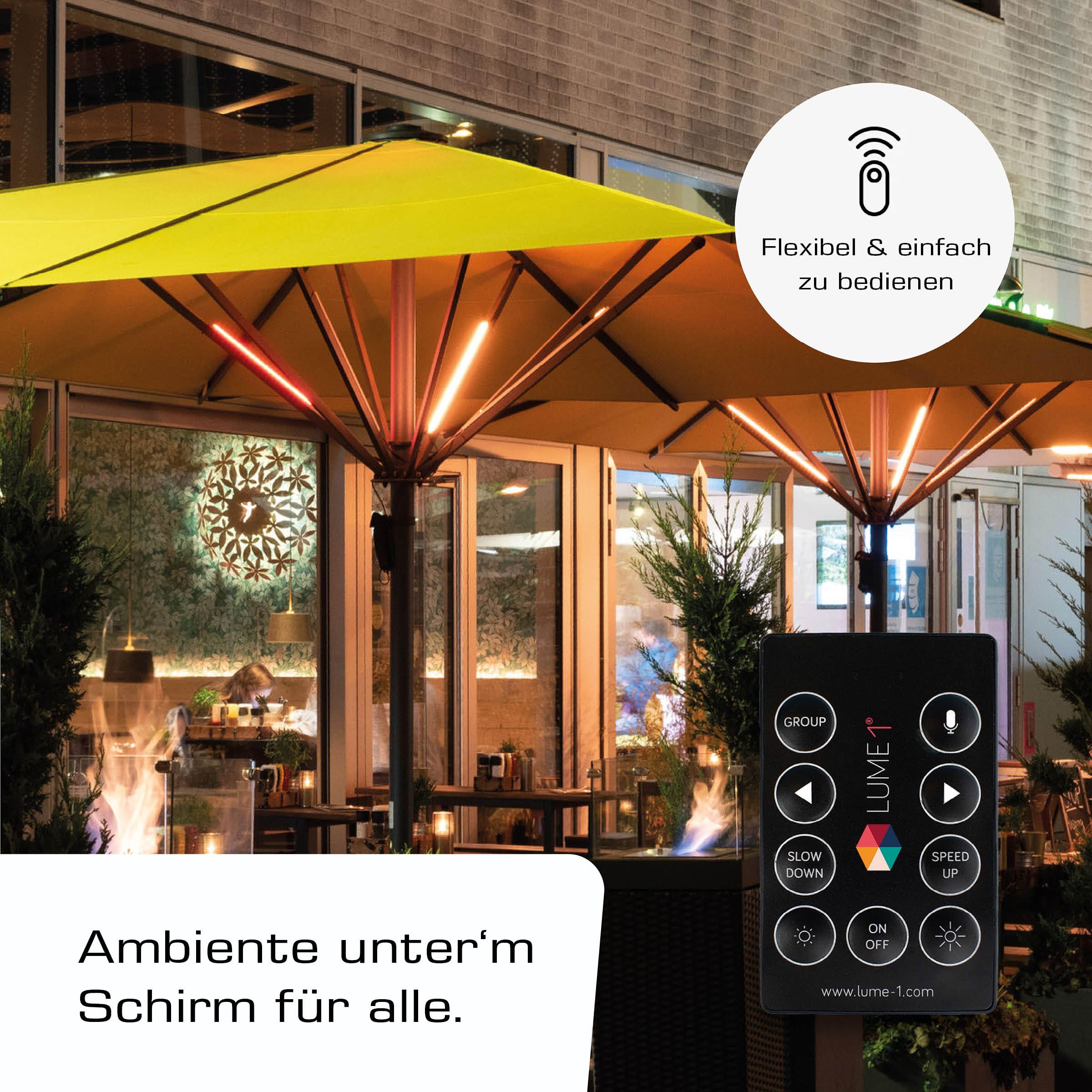 Lume1 Sonnenschirmbeleuchtung mit Fernbedienung, LED Leisten, warmweiß 1000 Lumen, 2700 Kelvin, Akku enthalten Smart Modell 2026 (Smart 2er Set)