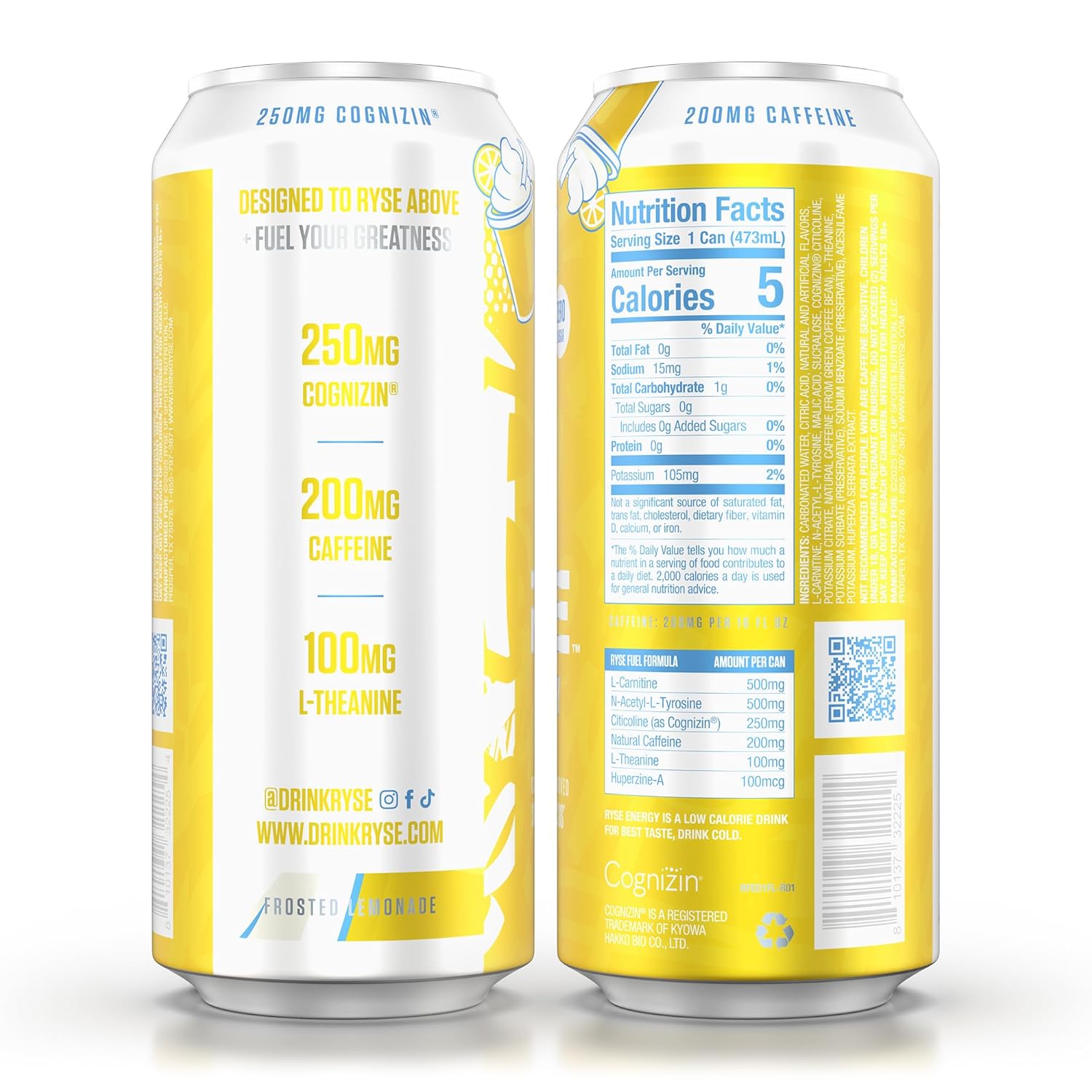 RYSE Fuel Energy Drink - Frosted Lemonade - Sugar Free - 200mg Natural Caffeine, New Formula to Supports Cognitive Health & Improves Focus - No Artificial Colors - 16 fl oz Cans (12-Pack) - Image 7