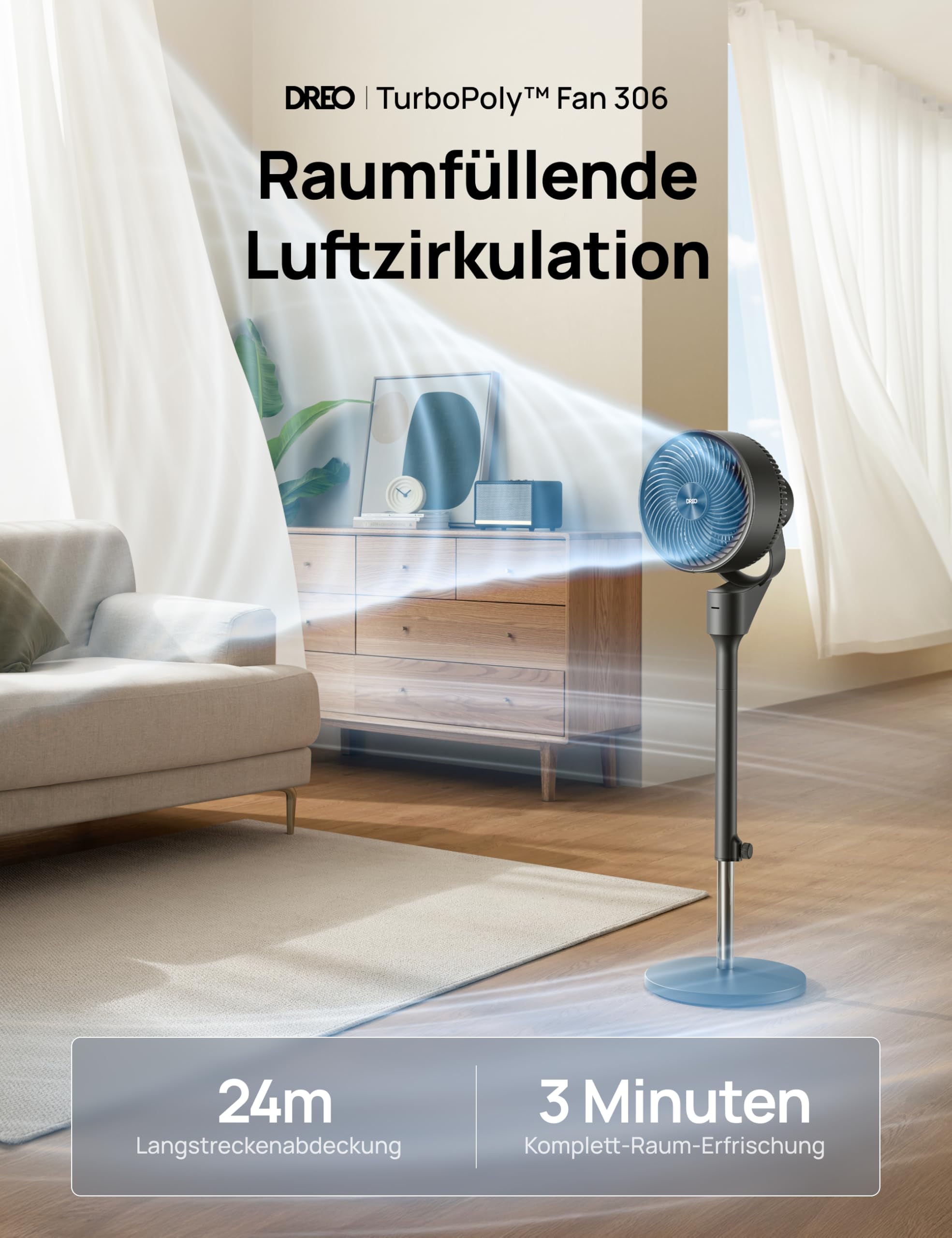 DREO Ventilator für Schlafzimmer, 80° oszillierender Standventilator, 20dB leise, 24m Reichweite, 90° manuelle vertikale Neigung, 3 Stufen, Fernbedienung, 86–104 cm höhenverstellbar, Luftzirkulator