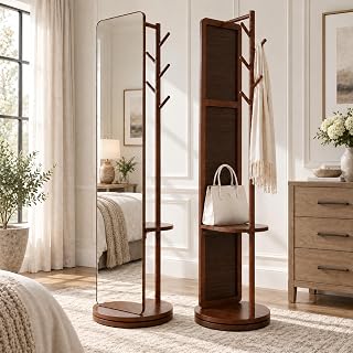 Rotating Full Length Mirror with Storage, 70" x 19", Coat Rack, Walnut | Solid Rubberwood, Safety-Backed Glass, Side Hooks, Open Shelf, 360° Rotating Mirror with Storage for Bedroom or Entryway