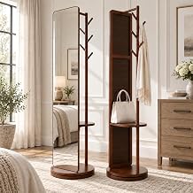 Rotating Full Length Mirror with Storage, 70" x 19", Coat Rack, Walnut