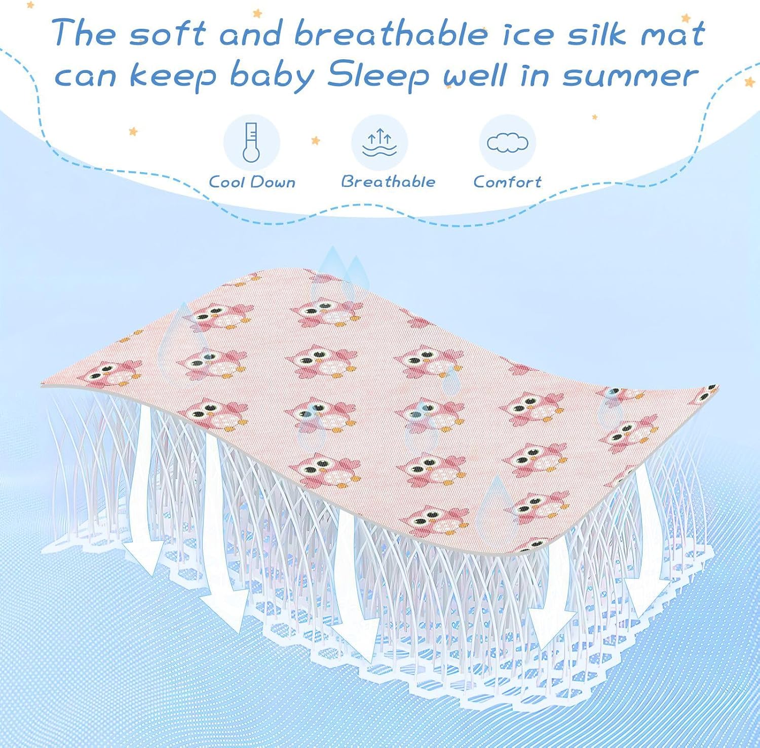 Baby Cooling Mat Pink Cartoon Owls Ice Silk Breathable Mesh Summer Crib Mattress Pad with Pillowcase, Soft Cooling Sleeping Surface for Infant & Toddler, 52"x28"