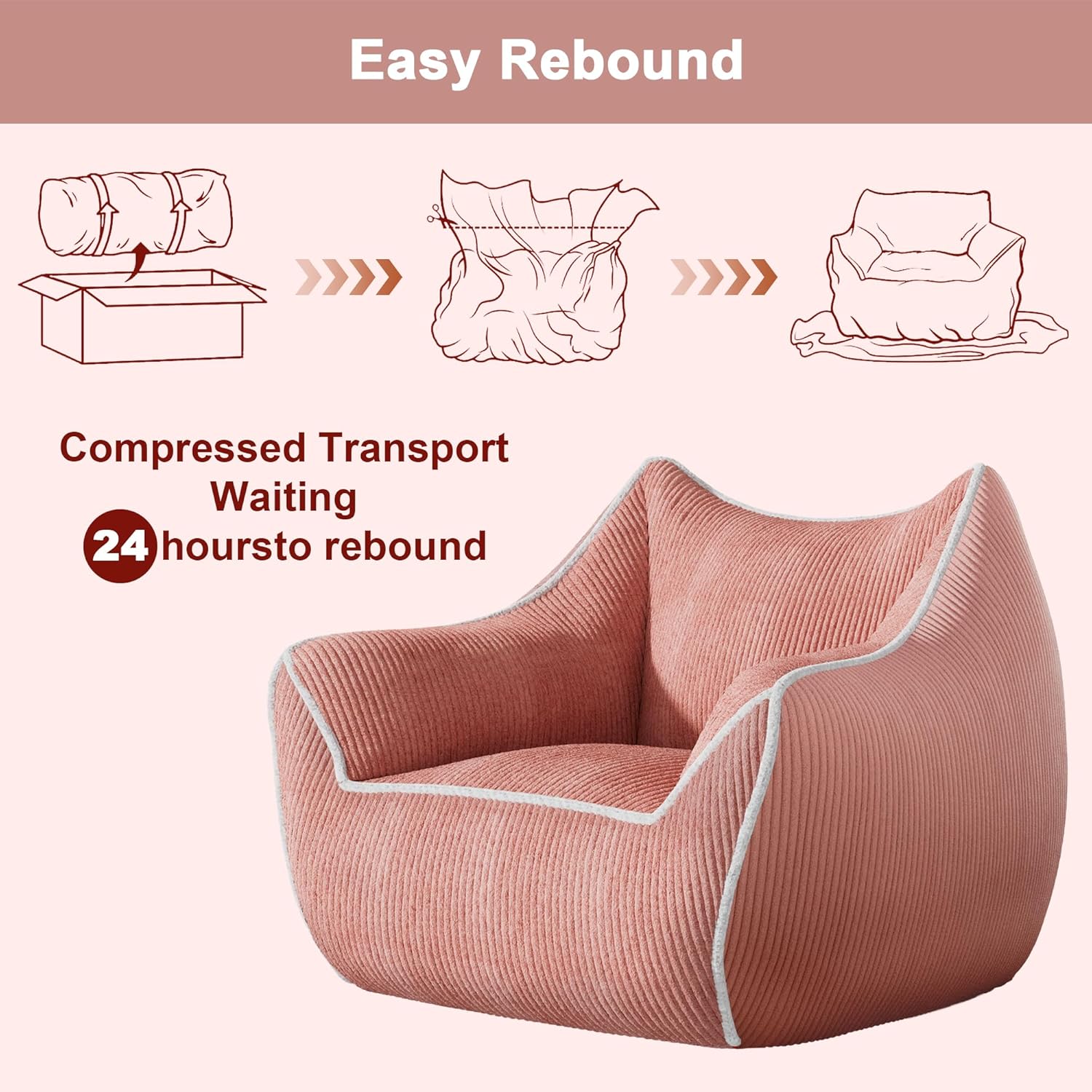 Pink Toddler Bean Bag Chair, Stuffed Kids Bean Bag Sofa with Filler Corduroy Bean Bag Seat for Girls, Small Comfy Lazy Sofa Lounge Chair with Armrests and Back Support for Gaming, Reading, Pink