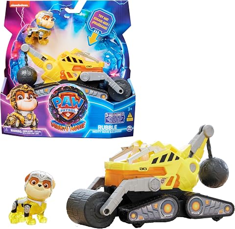 Spin Master PAW Patrol: Der Mighty Kinofilm, Superhelden-Basis-Fahrzeug von Rubble mit Welpenfigur, Baustellenfahrzeug mit Licht- und Geräuscheffekten, Spielzeug geeignet für Kinder ab 3 Jahren