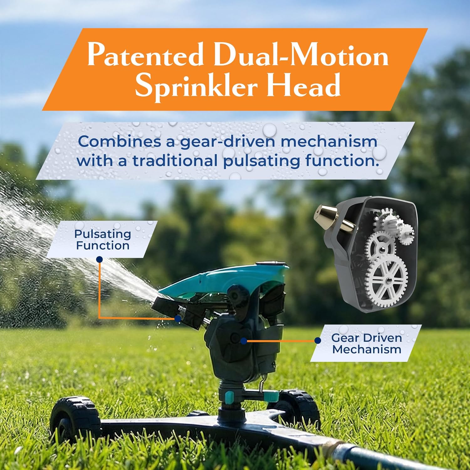 All-new Pulsating Lawn Sprinkler 300011, Impact Sprinkler w/ 70 ft Reach, 360° Range Gear & Pulsating Mechanism, 3,900 sq ft Lawn & Garden Watering, Metal Base w/Wheels, by New England Garden Tools