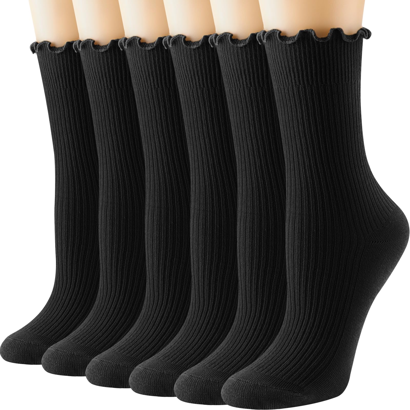 DRESHOW Womens Ruffle Socks Cotton Turn-Cuff Casual Ankle Socks Breathable Lettuce Crew Knit Frilly Sock 6 Pack