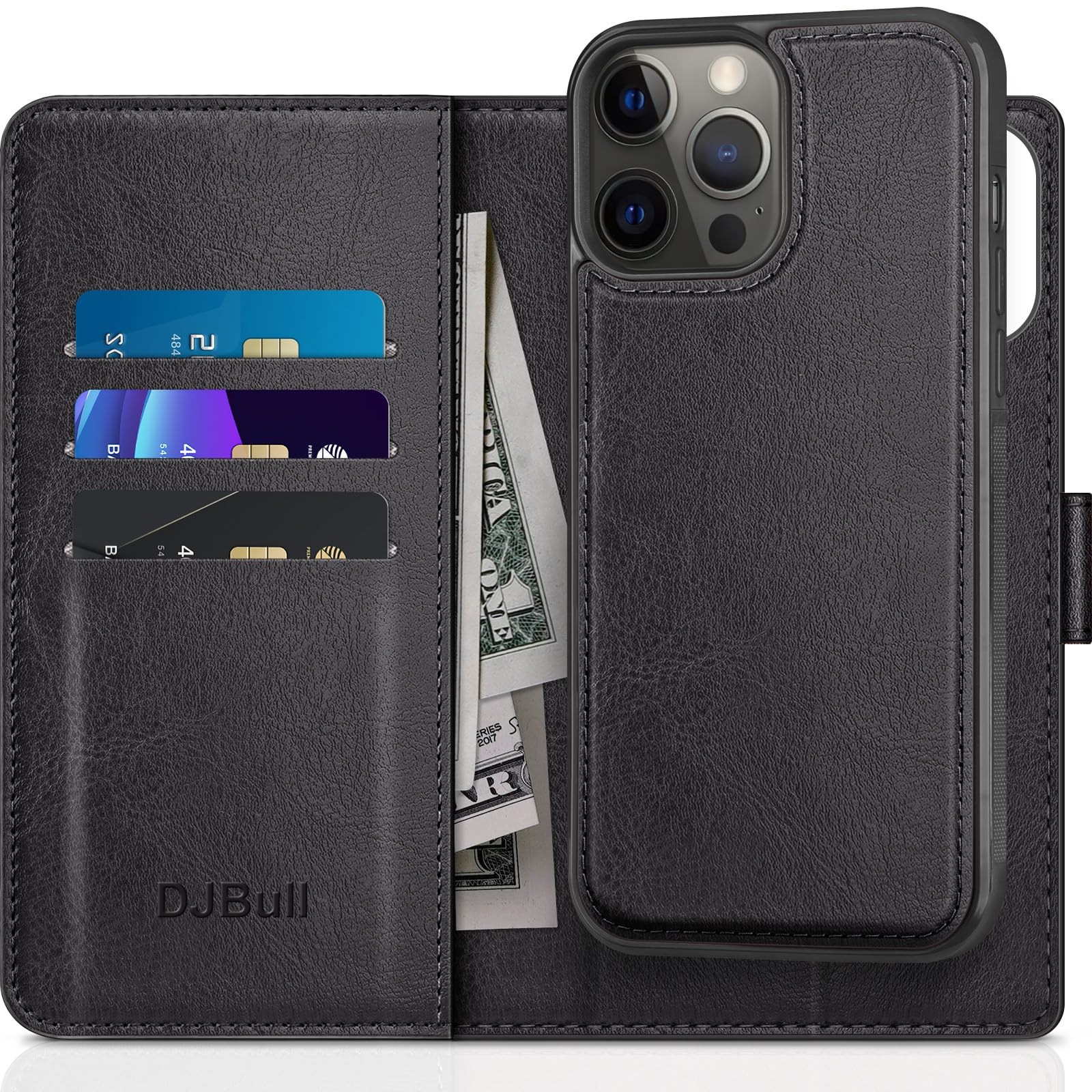 DJBull for iPhone 12 Pro Max 2-in-1 Detachable Wallet case with Credit Card Holder?RFID Blocking?,Flip Folio Book PU Leather Protective Cover Women Men for Apple 12ProMax Phone case Black