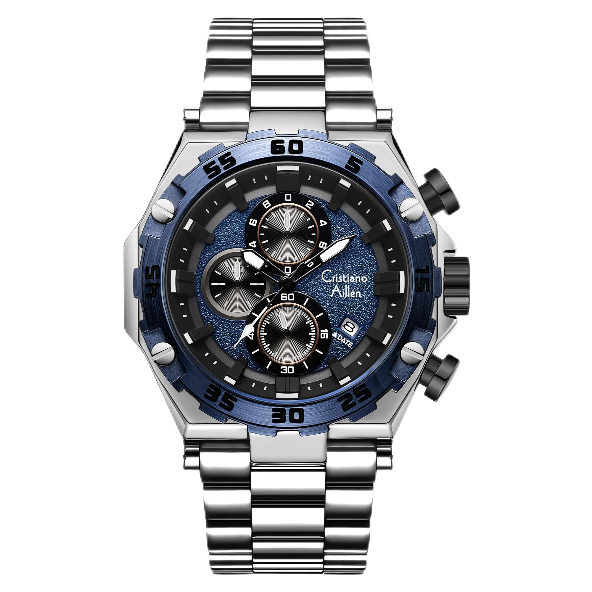 Cristiano Aillen Men's Analog Chronograph Watch, Black SILVER BLUE - Image 1