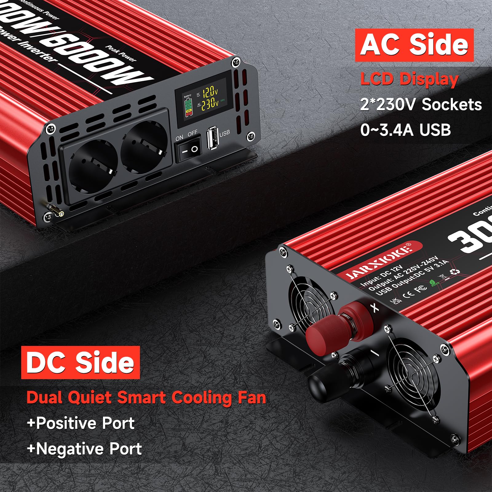 Inverter 3000W 12V 220V Onda Sinusoidale Modificata con Display 2 Prese AC USB per Auto Camper