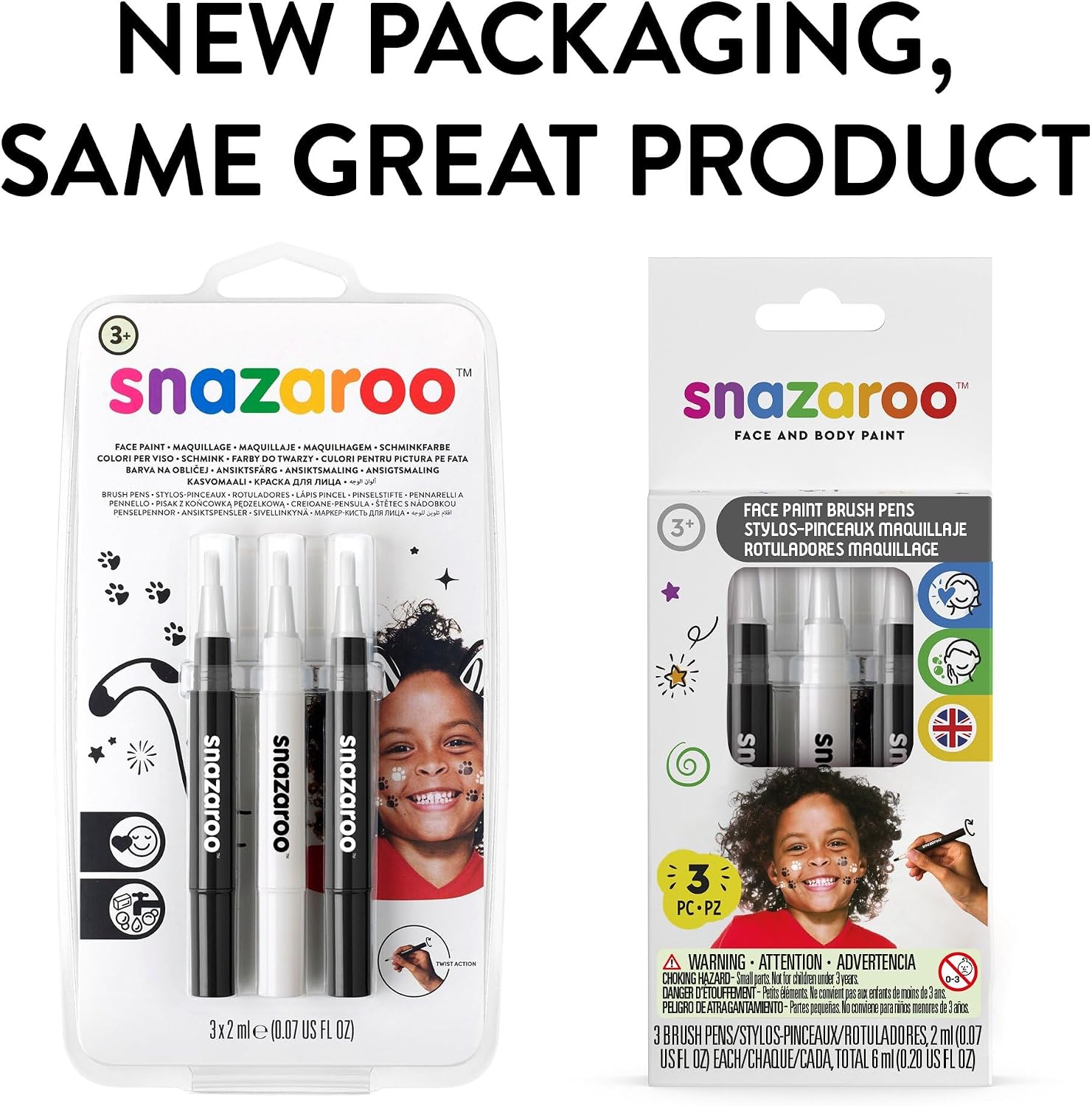 Snazaroo Face Paint Brush Pen, Set of 3, Monochrome