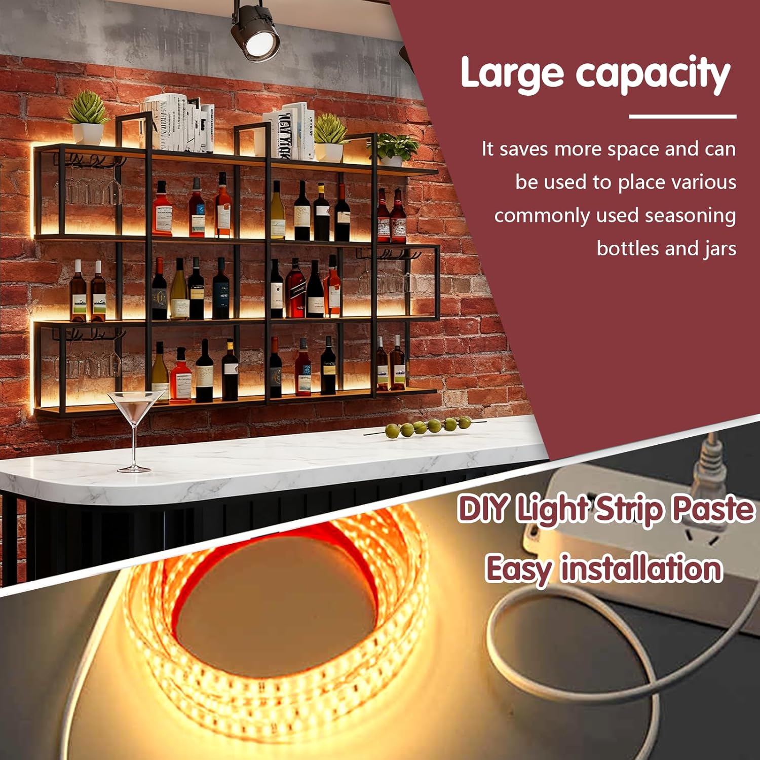 71IN Large Wall Mounted Wine Rack with LED Light, Metal 4 Tier Floating Bar Shelf with Glass Holder, Modern Hanging Liquor Bottles Storage Rack for Home Bar Dining Room Decorative (70.8in/180cm)