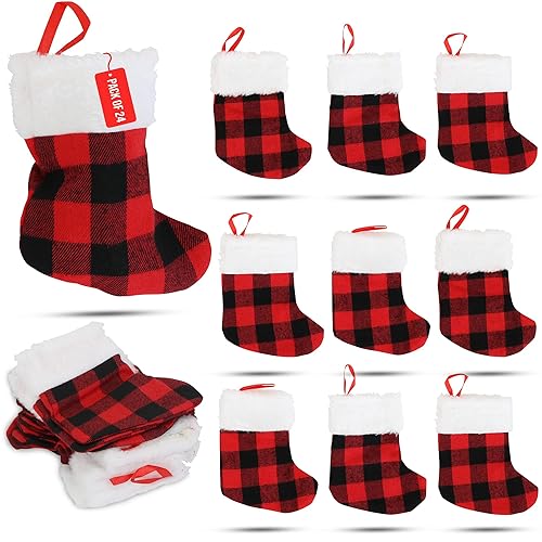 Iconikal 24-Pack Mini Christmas Stockings, 6-Inch, Red Buffalo Plaid Decoration