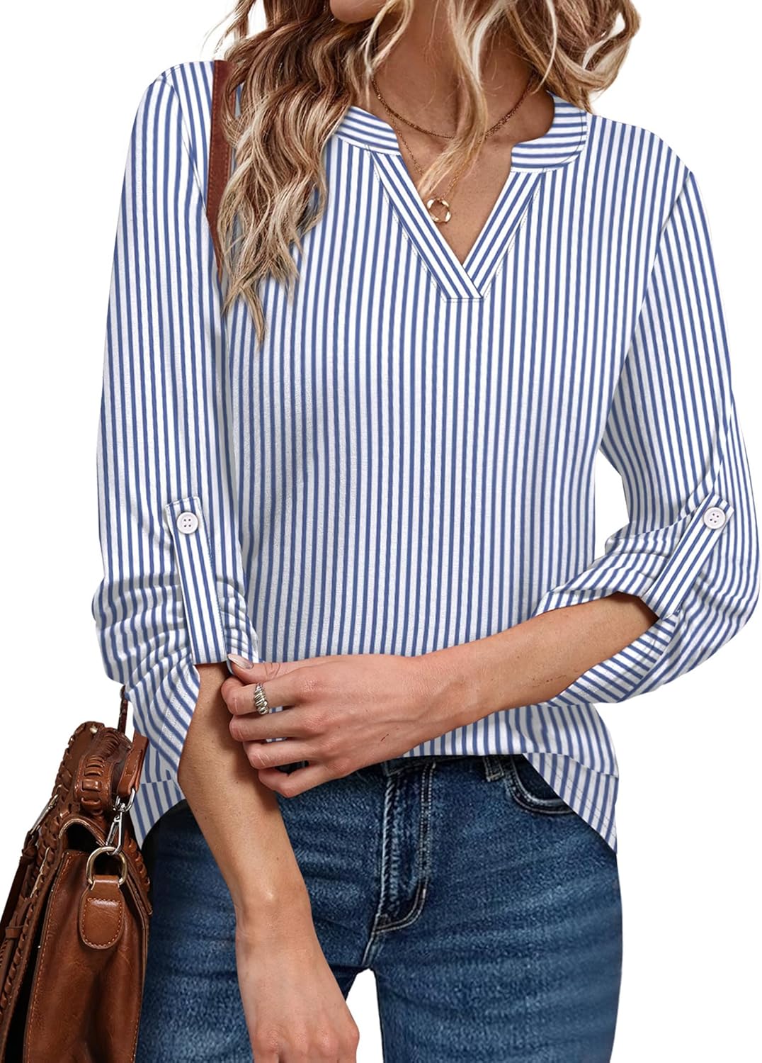 WIHOLL Womens Casual V Neck Rolled Long Sleeve Work Tops Blouses Shirts Fall Outfits - Image 2